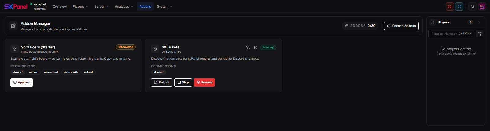 Addon Manager showing a discovered addon awaiting approval and a running addon with reload/stop/revoke controls