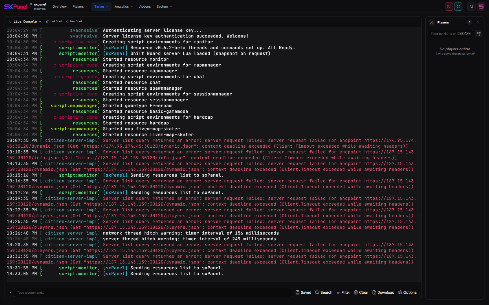 Live console with block buffer, saved commands, search, filter and download